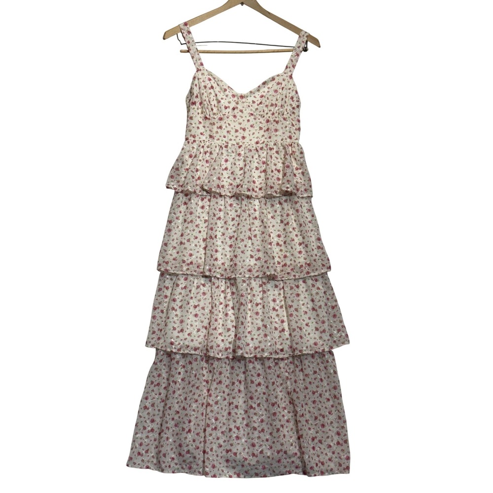 Altar'd State Roxie Tiered Floral Maxi Dress Ivory Pink Women's Medium